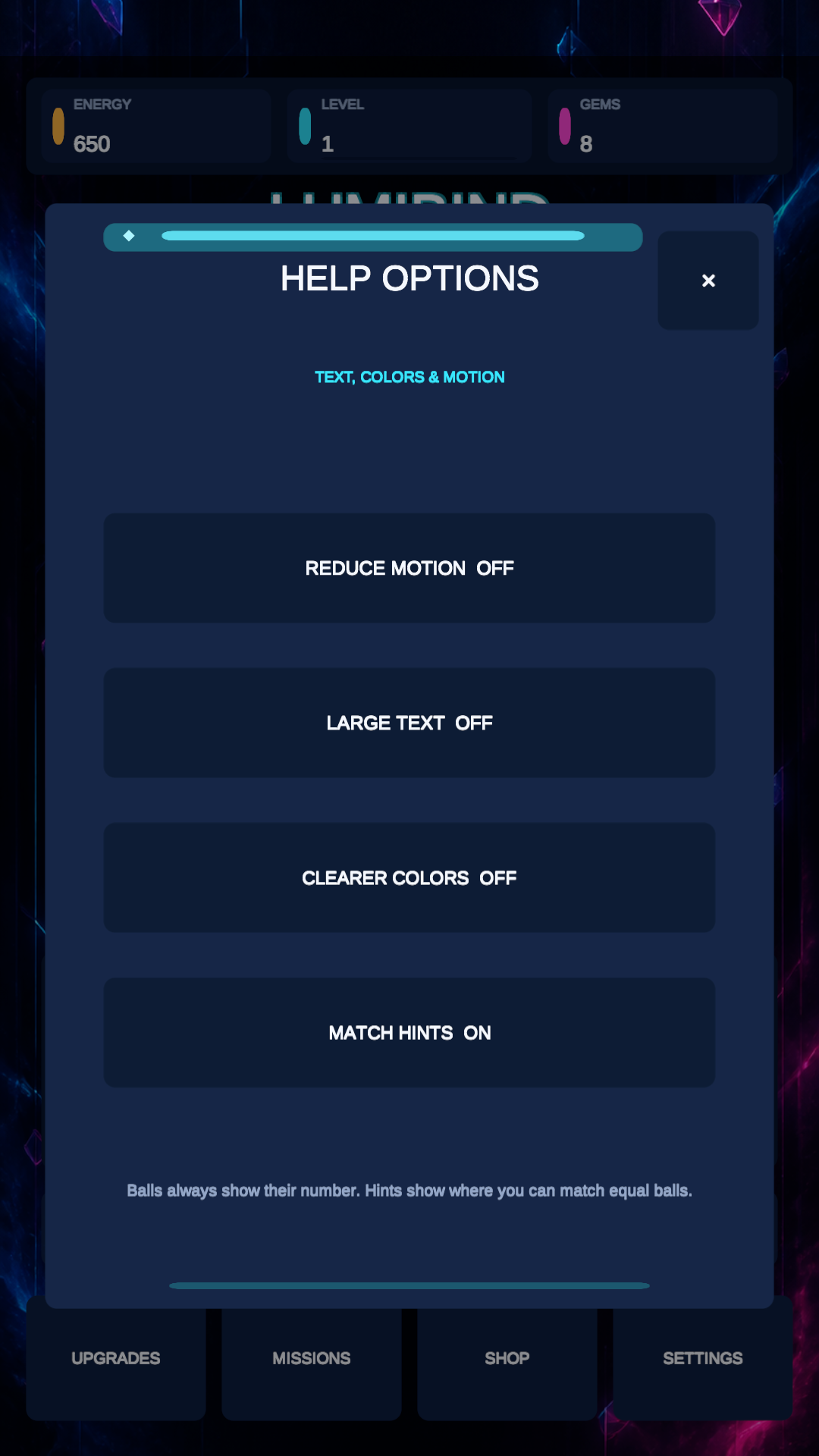 LUMIBIND accessibility and settings screen