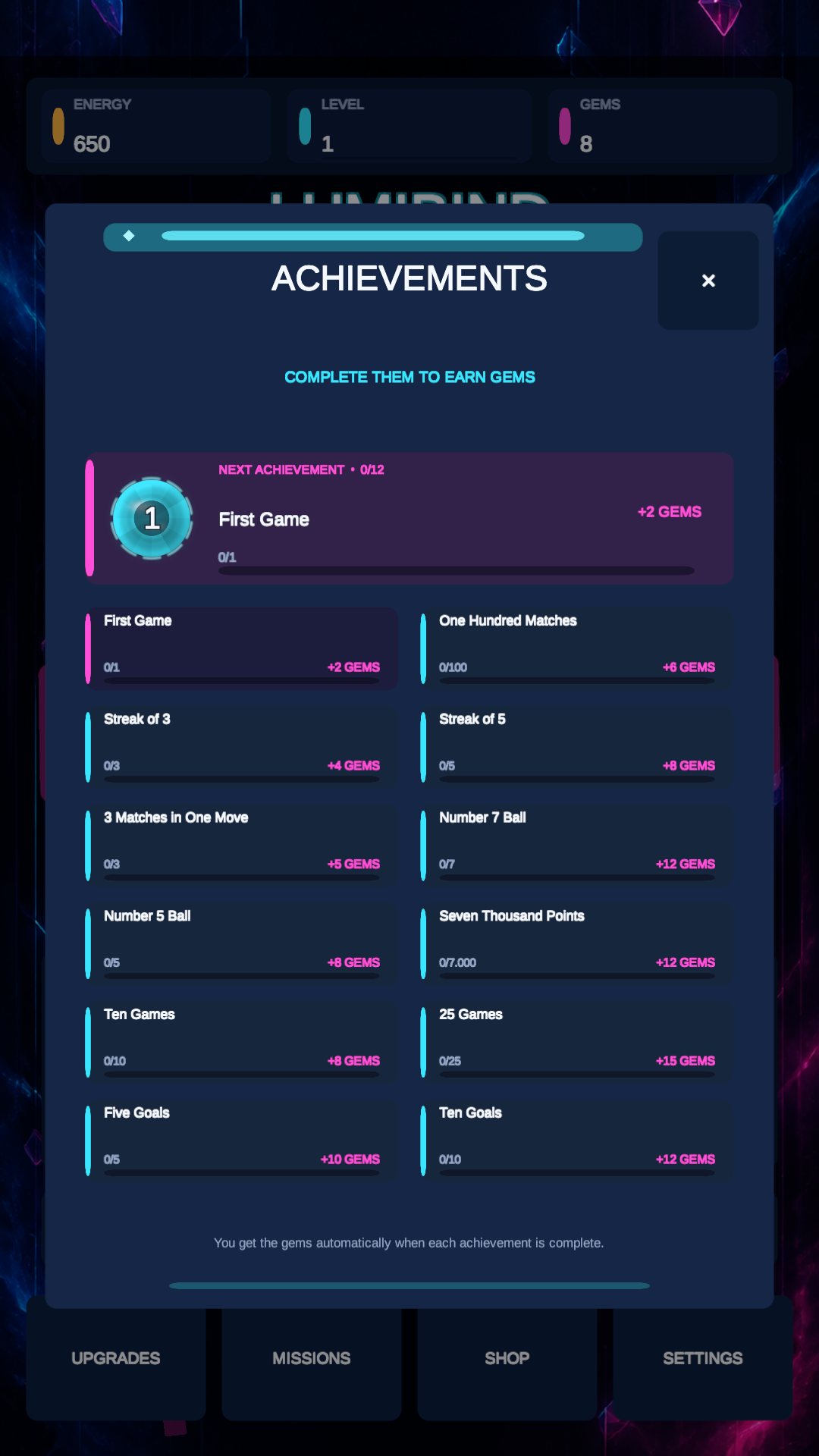 LUMIBIND goals and achievement screen