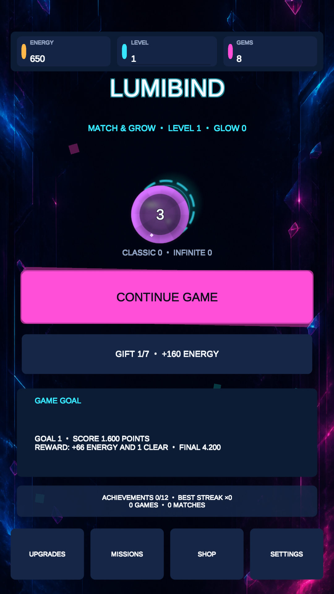 LUMIBIND home screen with Classic and Infinite modes